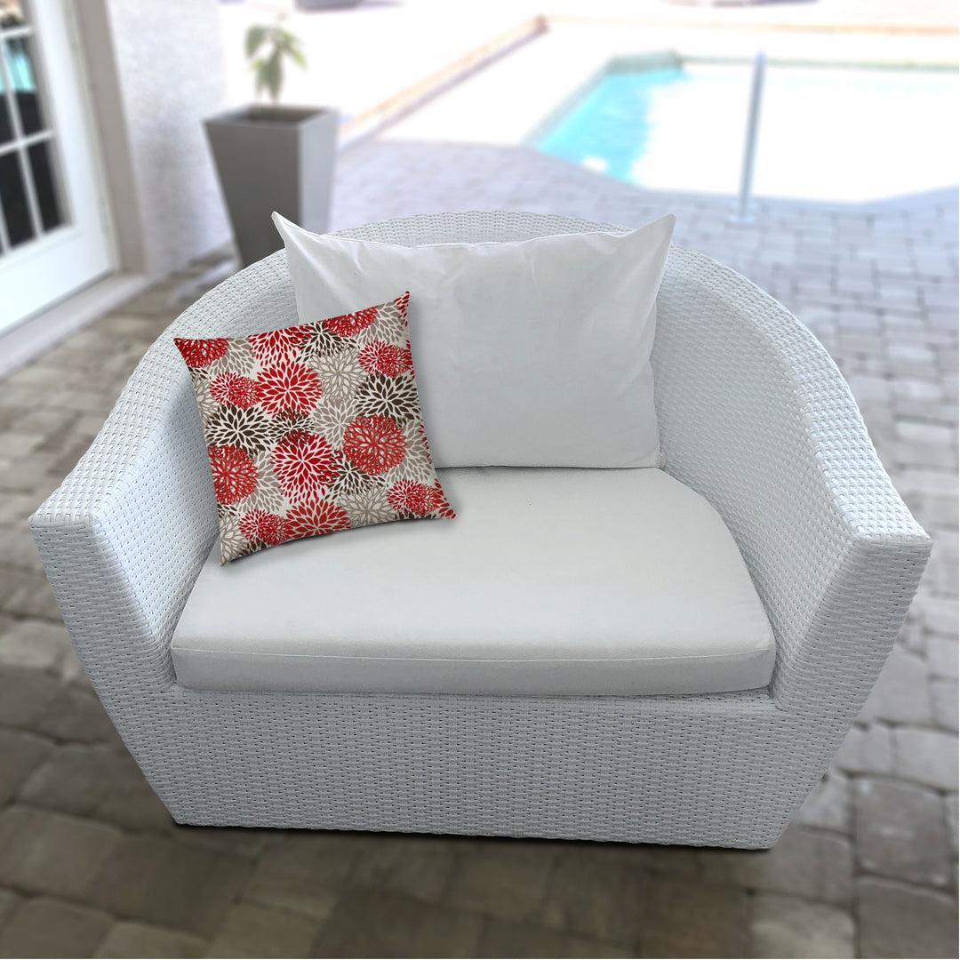 14" X 20" Red And White Blown Seam Floral Lumbar Indoor Outdoor Pillow