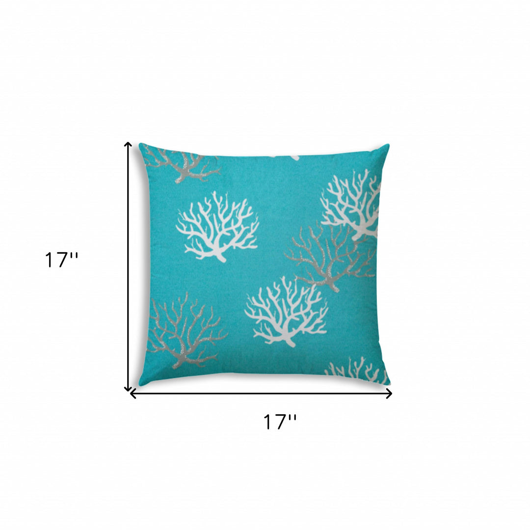 17" X 17" Aqua And White Corals Blown Seam Coastal Lumbar Indoor Outdoor Pillow