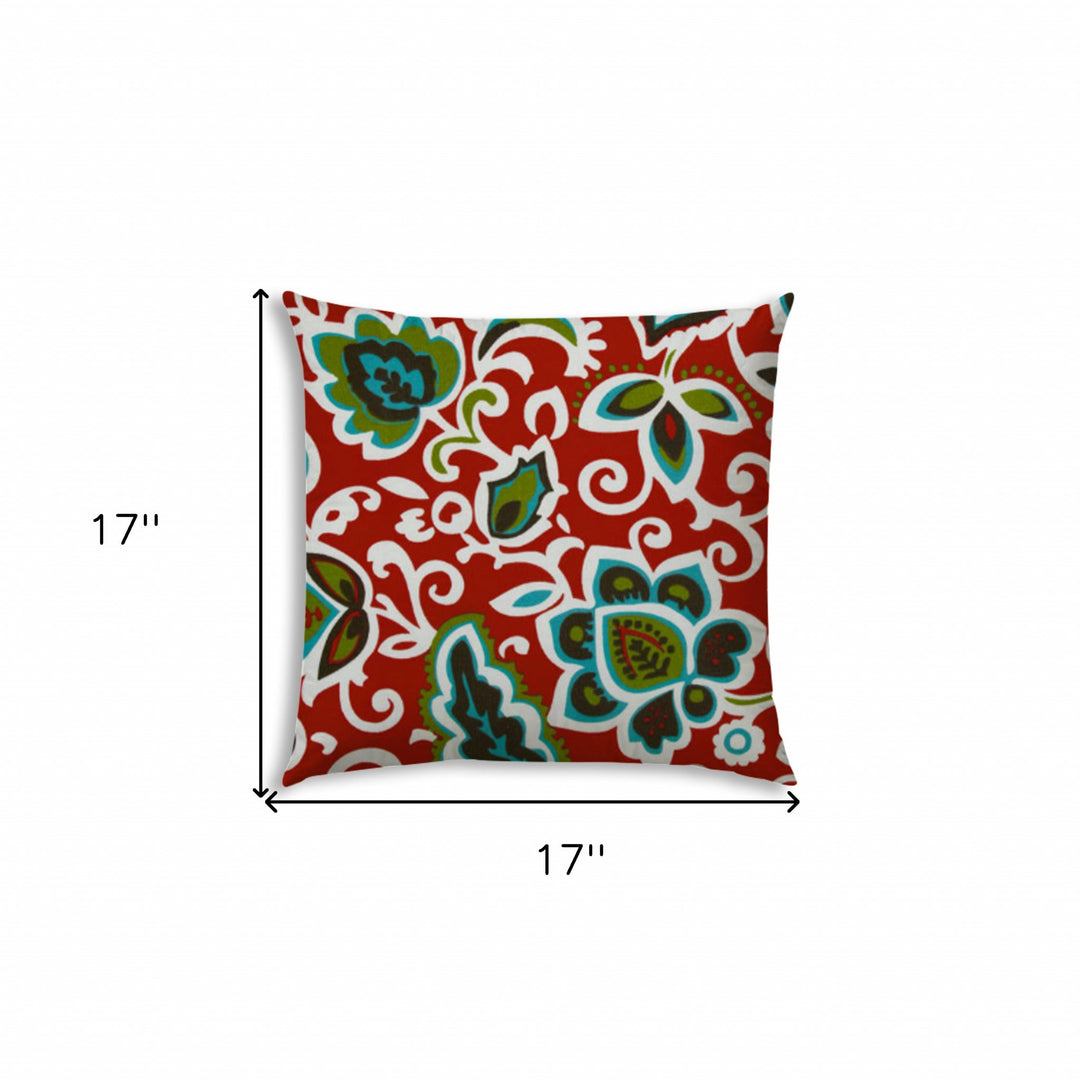 17" X 17" Read And Green Blown Seam Floral Lumbar Indoor Outdoor Pillow