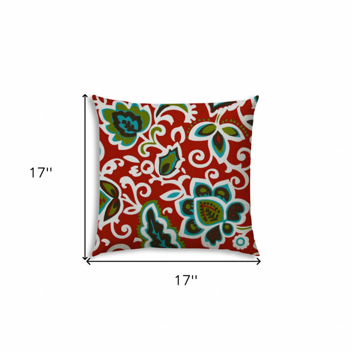 17" X 17" Read And Green Blown Seam Floral Lumbar Indoor Outdoor Pillow