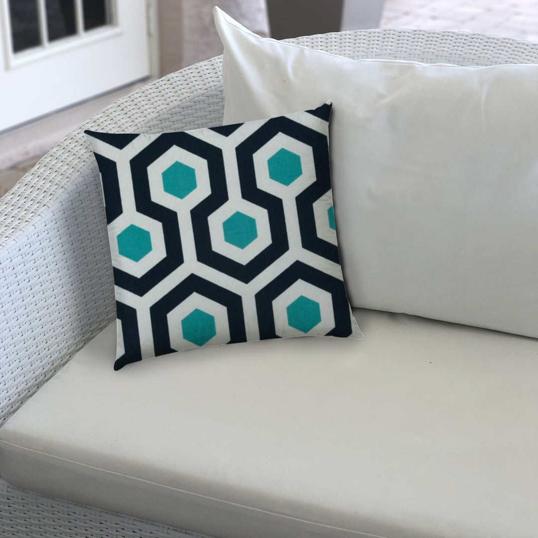 17" X 17" White And Aqua Blown Seam Geometric Lumbar Indoor Outdoor Pillow