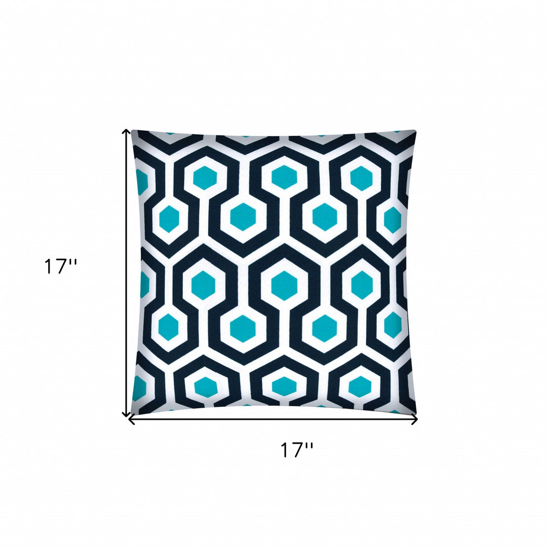 17" X 17" White And Aqua Blown Seam Geometric Lumbar Indoor Outdoor Pillow