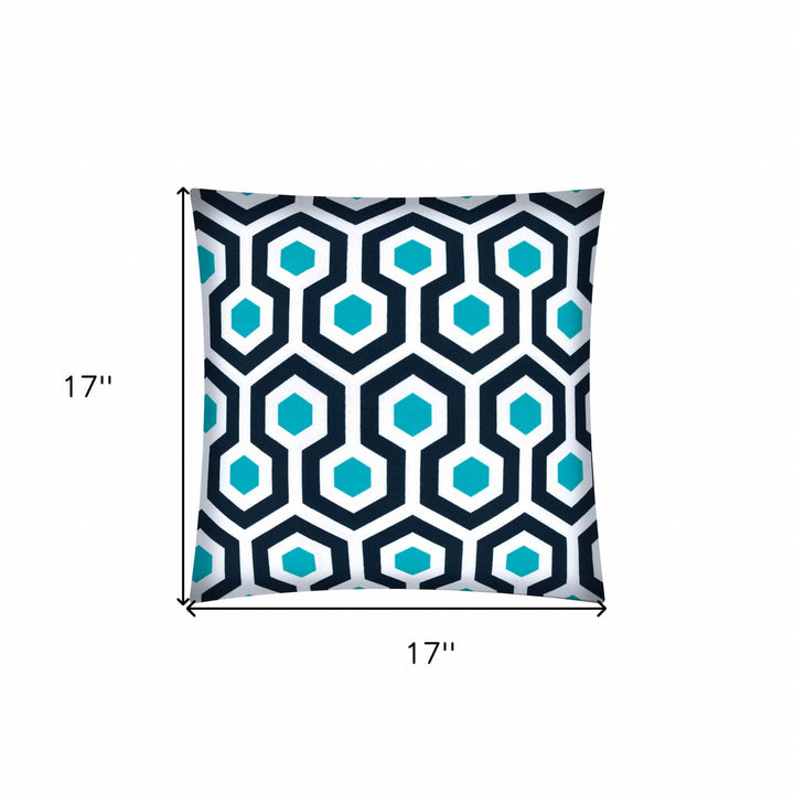 17" X 17" White And Aqua Blown Seam Geometric Lumbar Indoor Outdoor Pillow