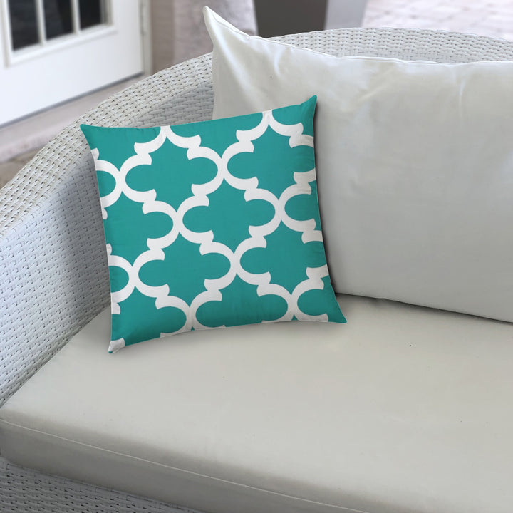 17" X 17" Turquoise And White Blown Seam Quatrefoil Lumbar Indoor Outdoor Pillow