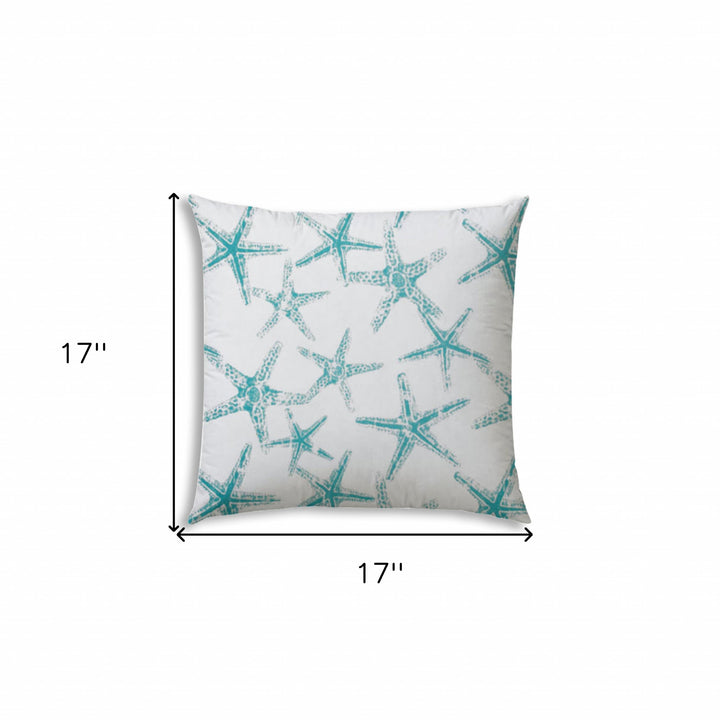 17" X 17" Turquoise And White Starfish Blown Seam Coastal Lumbar Indoor Outdoor Pillow