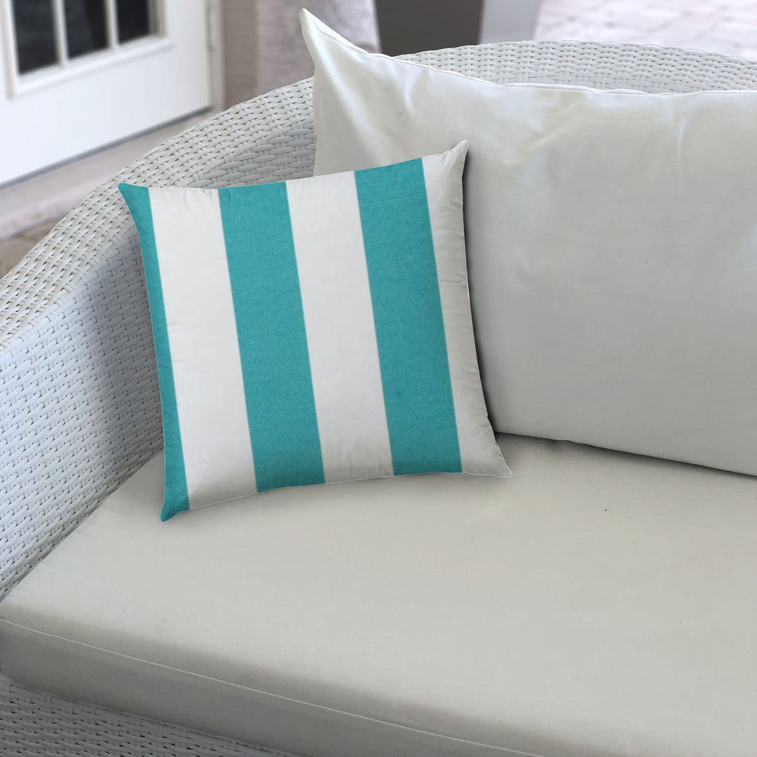 17" X 17" Turquoise And White Blown Seam Striped Lumbar Indoor Outdoor Pillow