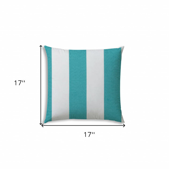 17" X 17" Turquoise And White Blown Seam Striped Lumbar Indoor Outdoor Pillow