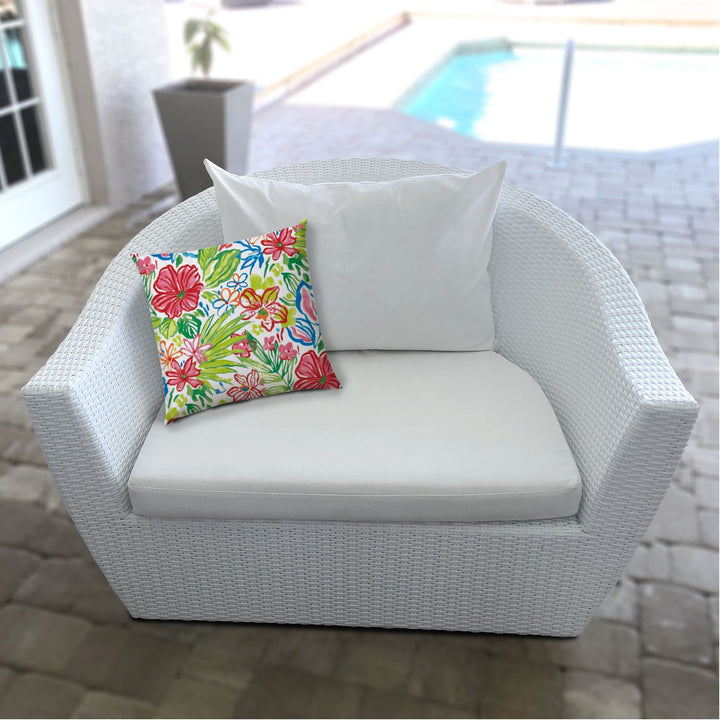 17" X 17" White And Green Blown Seam Floral Lumbar Indoor Outdoor Pillow