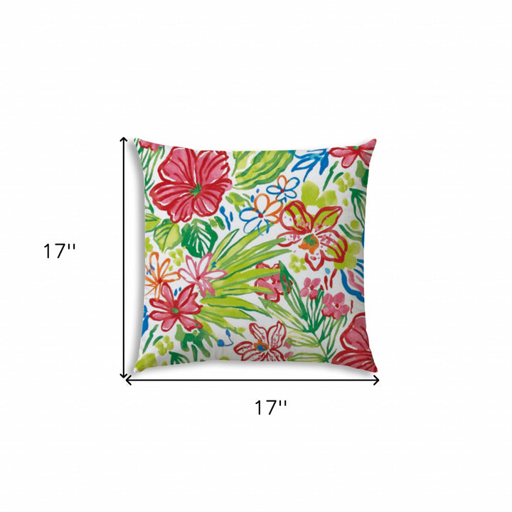 17" X 17" White And Green Blown Seam Floral Lumbar Indoor Outdoor Pillow