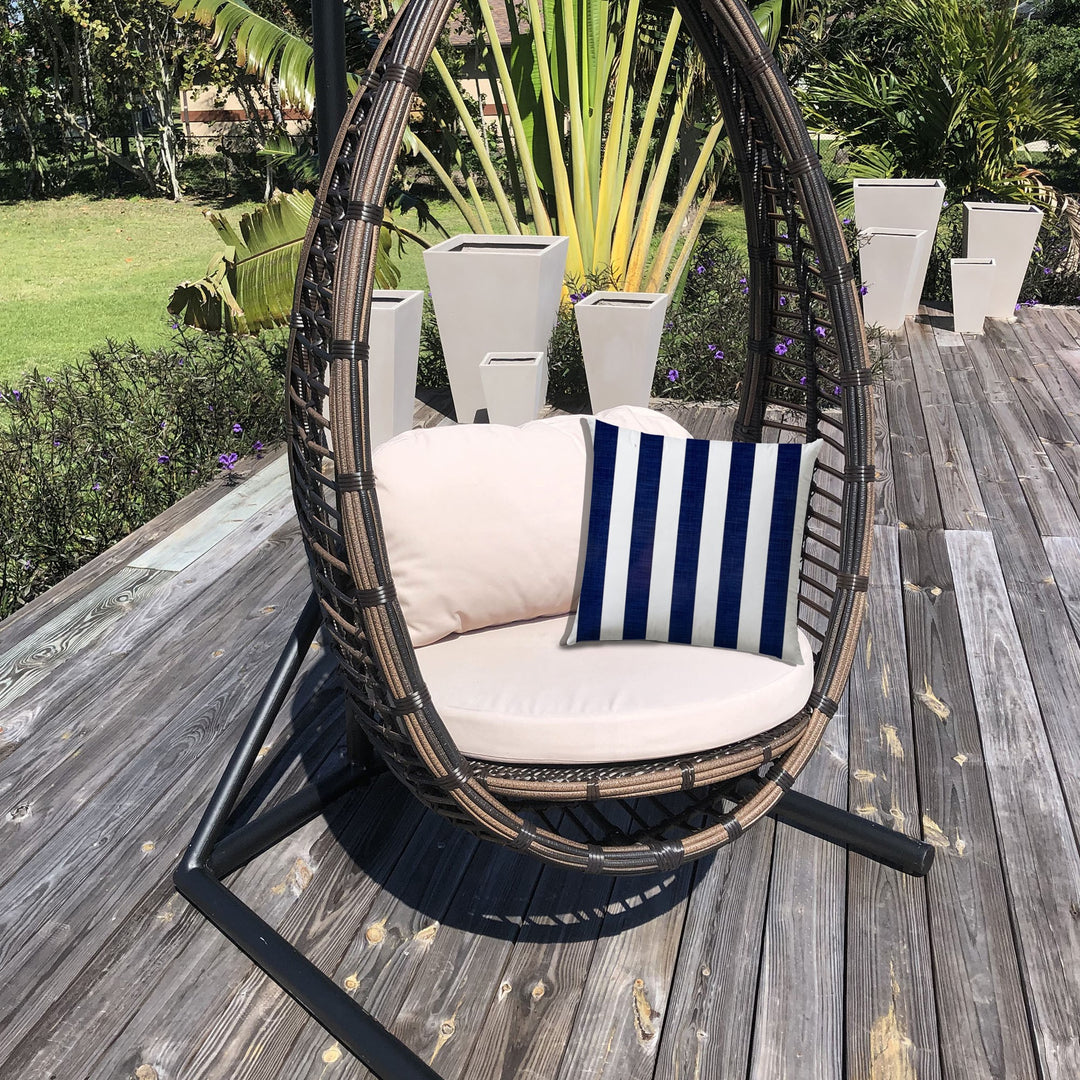 17" X 17" Navy Blue And White Blown Seam Striped Lumbar Indoor Outdoor Pillow