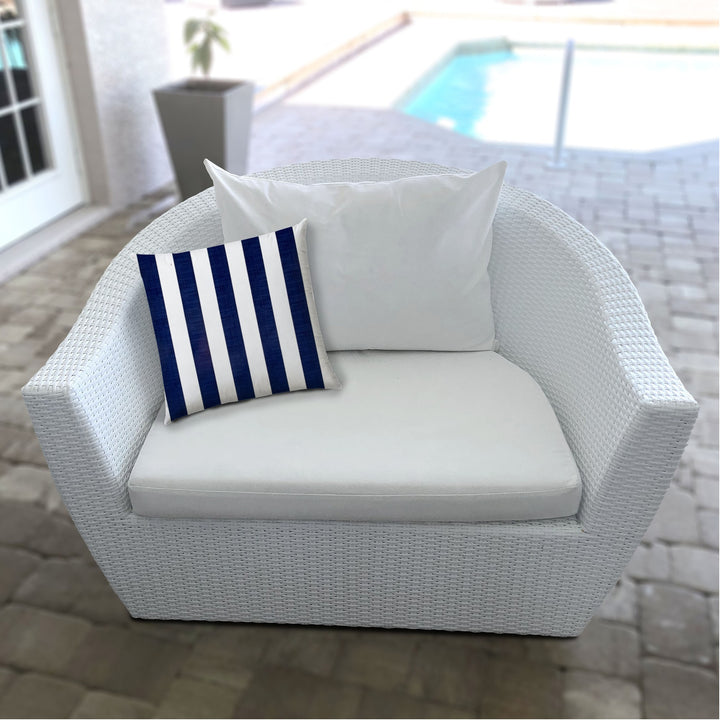 17" X 17" Navy Blue And White Blown Seam Striped Lumbar Indoor Outdoor Pillow