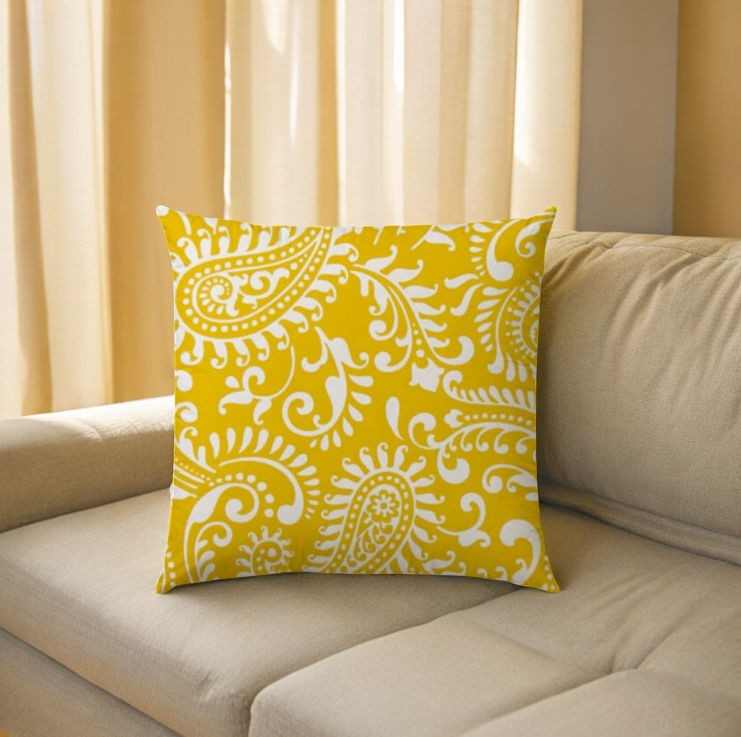 17" Yellow and White Paisley Indoor Outdoor Throw Pillow