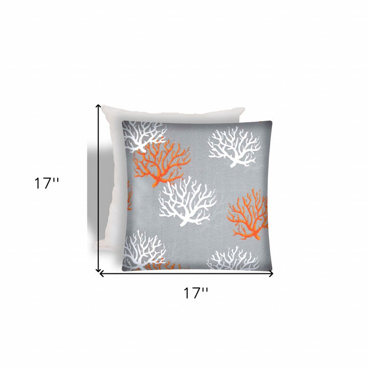 17" X 17" Gray And White Corals Zippered Coastal Throw Indoor Outdoor Pillow