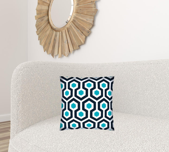 17" X 17" White And Aqua Zippered Geometric Throw Indoor Outdoor Pillow