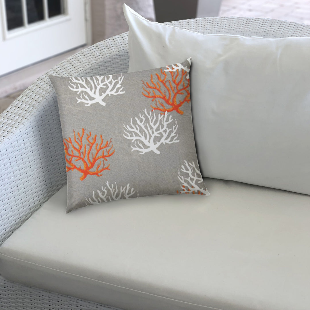 20" X 20" Gray And White Corals Blown Seam Coastal Throw Indoor Outdoor Pillow