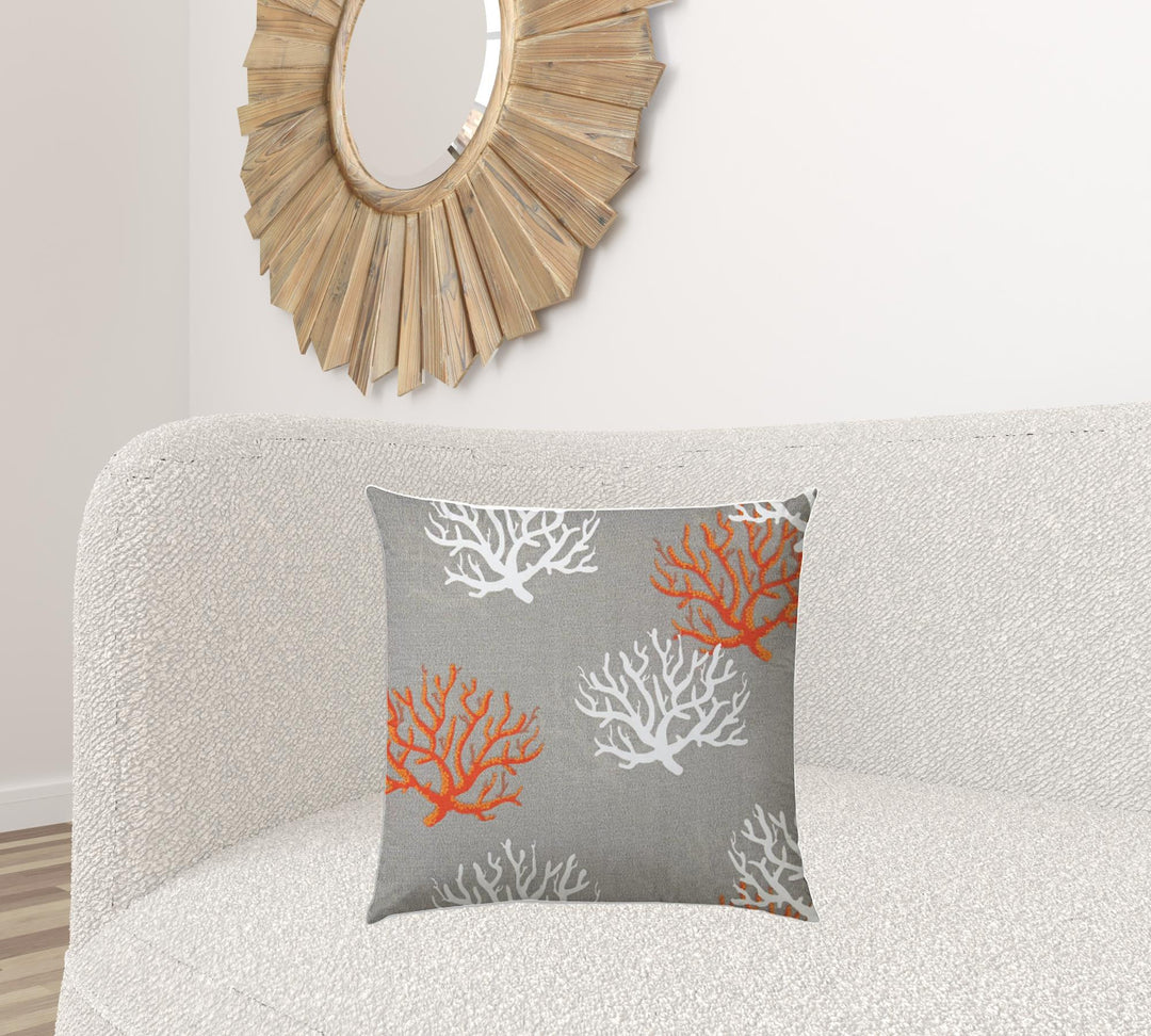 20" X 20" Gray And White Corals Blown Seam Coastal Throw Indoor Outdoor Pillow