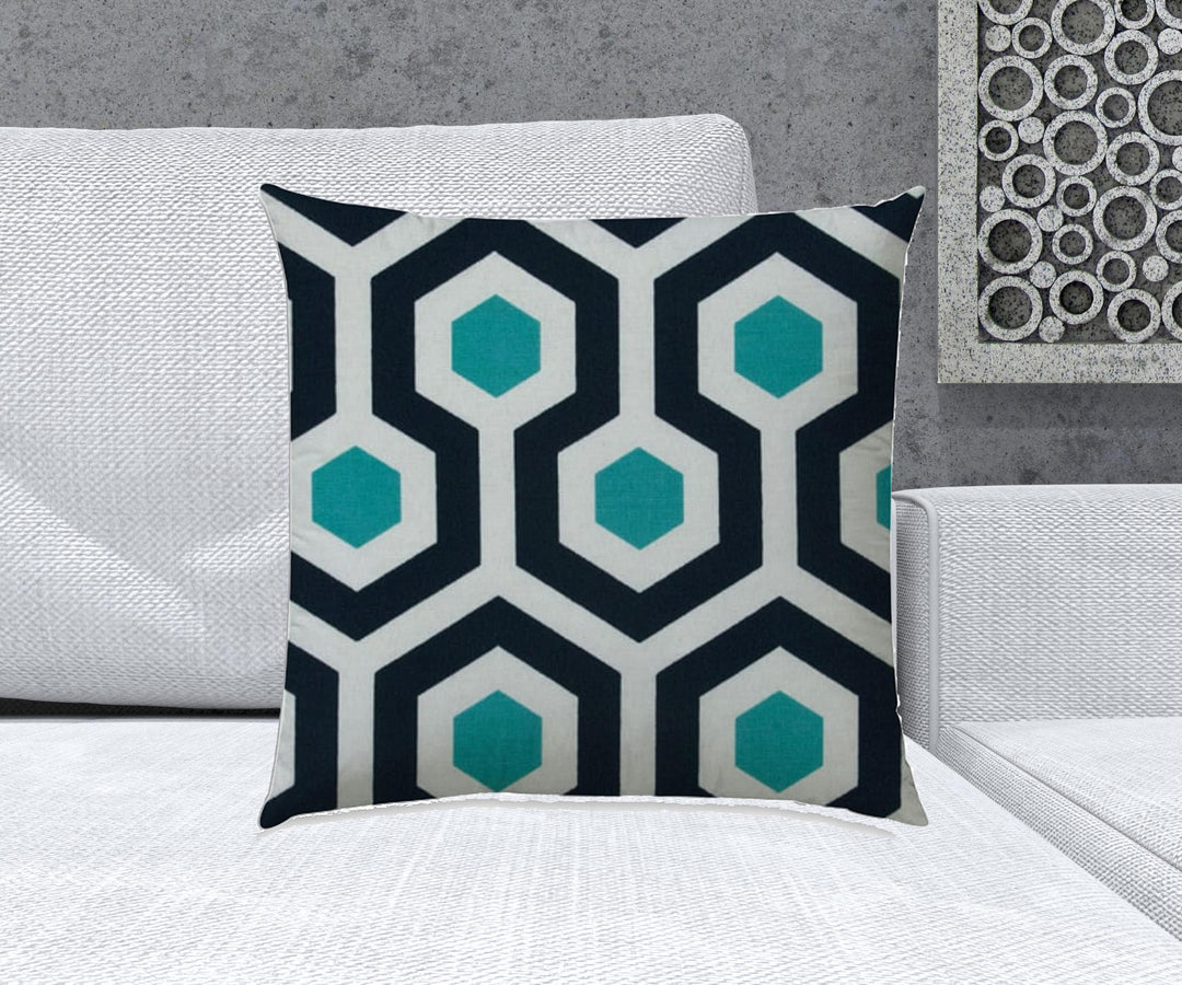 20" X 20" White And Aqua Blown Seam Trellis Throw Indoor Outdoor Pillow