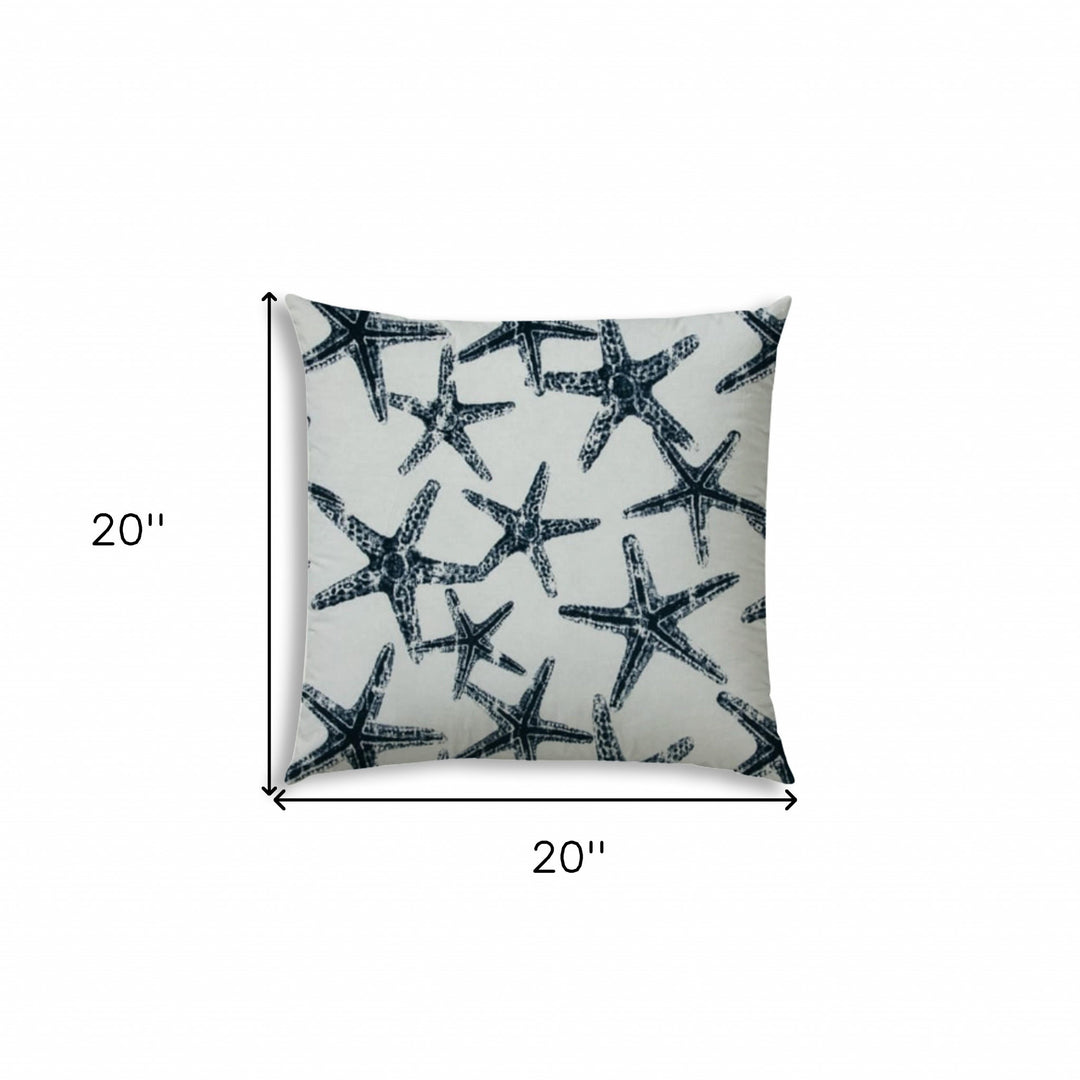 20" X 20" Navy Blue And White Starfish Blown Seam Coastal Throw Indoor Outdoor Pillow