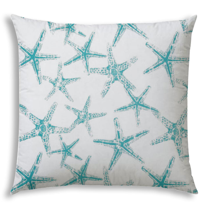 20" X 20" Turquoise And White Starfish Blown Seam Coastal Throw Indoor Outdoor Pillow