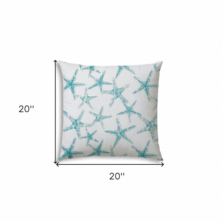 20" X 20" Turquoise And White Starfish Blown Seam Coastal Throw Indoor Outdoor Pillow