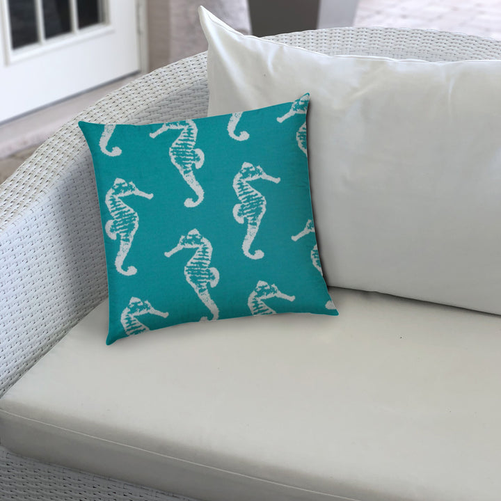 20" X 20" Turquoise And White Seahorse Blown Seam Coastal Throw Indoor Outdoor Pillow