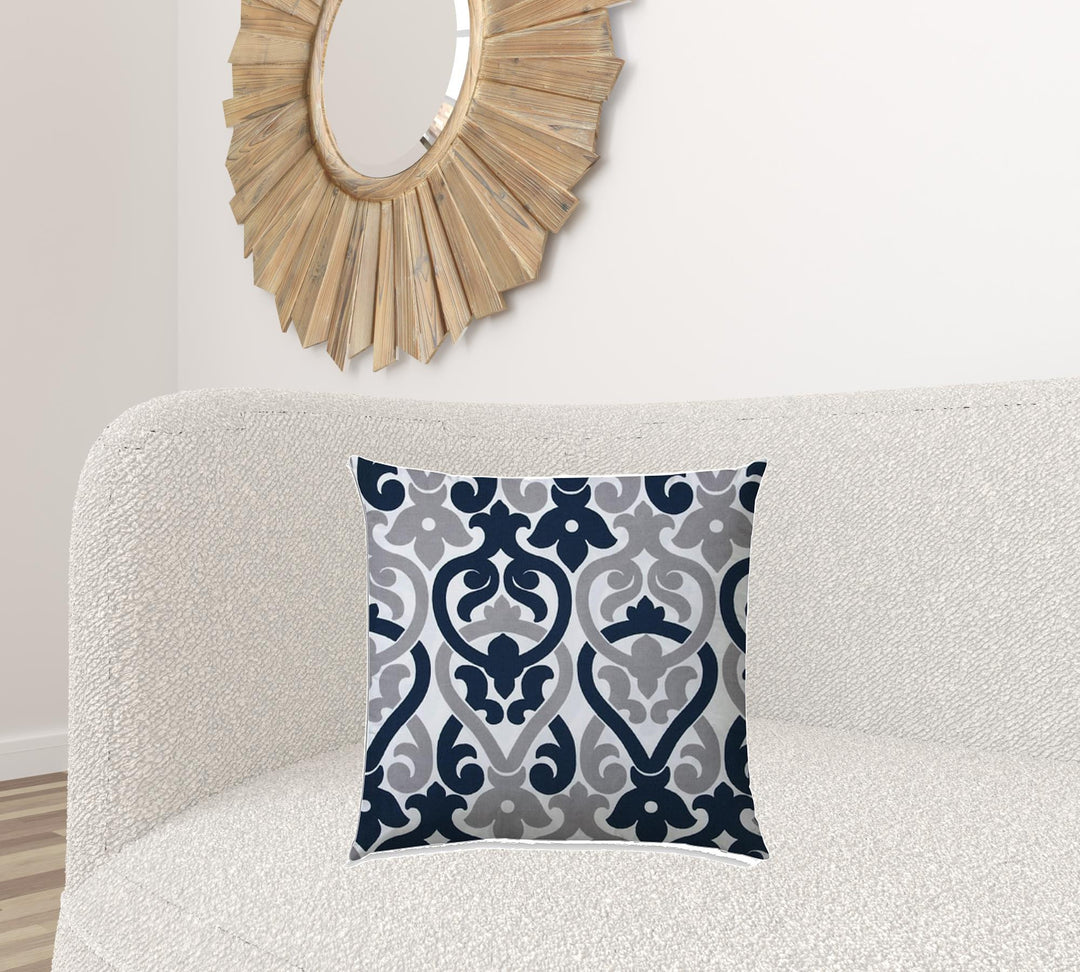 20" X 20" Navy Blue And White Blown Seam Trellis Throw Indoor Outdoor Pillow