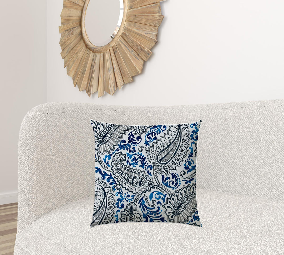 20" X 20" White And Blue Blown Seam Paisley Throw Indoor Outdoor Pillow