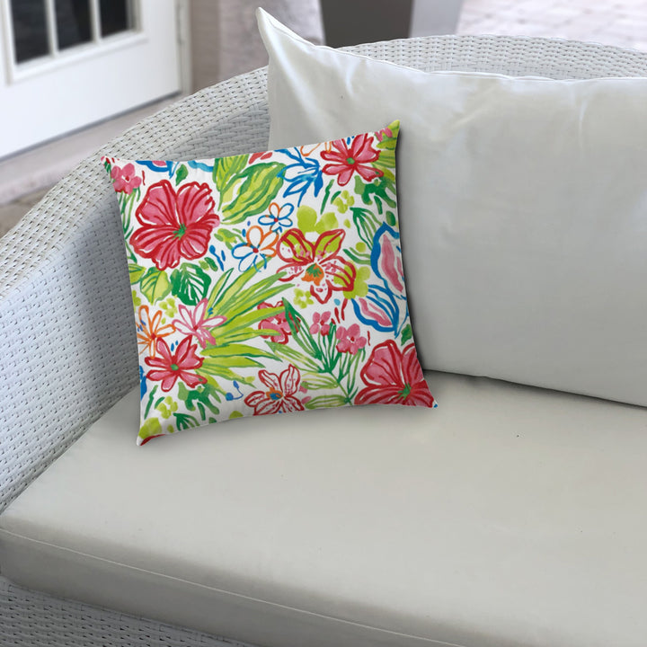 20" Green and White Floral Indoor Outdoor Throw Pillow Cover and Insert