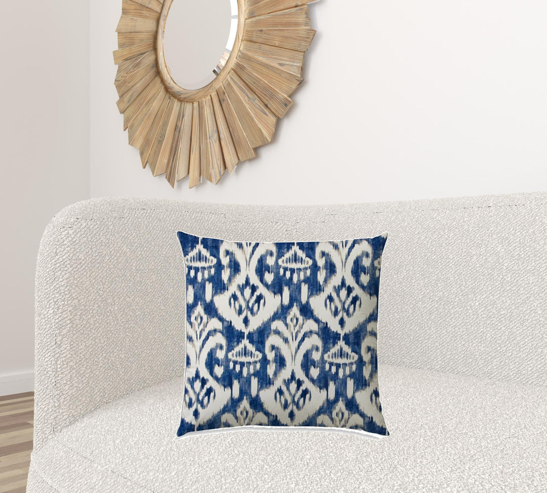 20" X 20" Indigo And Cream Blown Seam Ikat Throw Indoor Outdoor Pillow