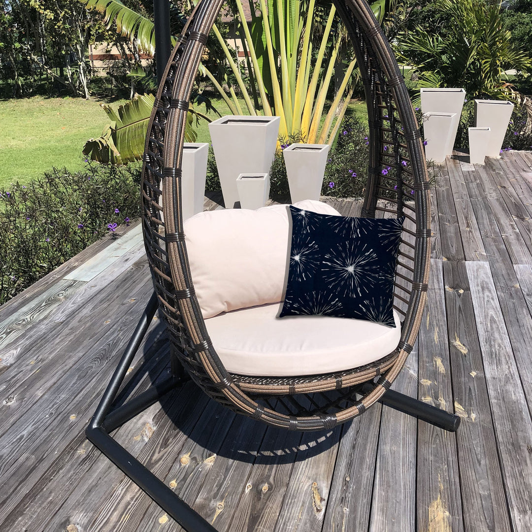 20" X 20" Navy Blue And White Blown Seam Floral Throw Indoor Outdoor Pillow