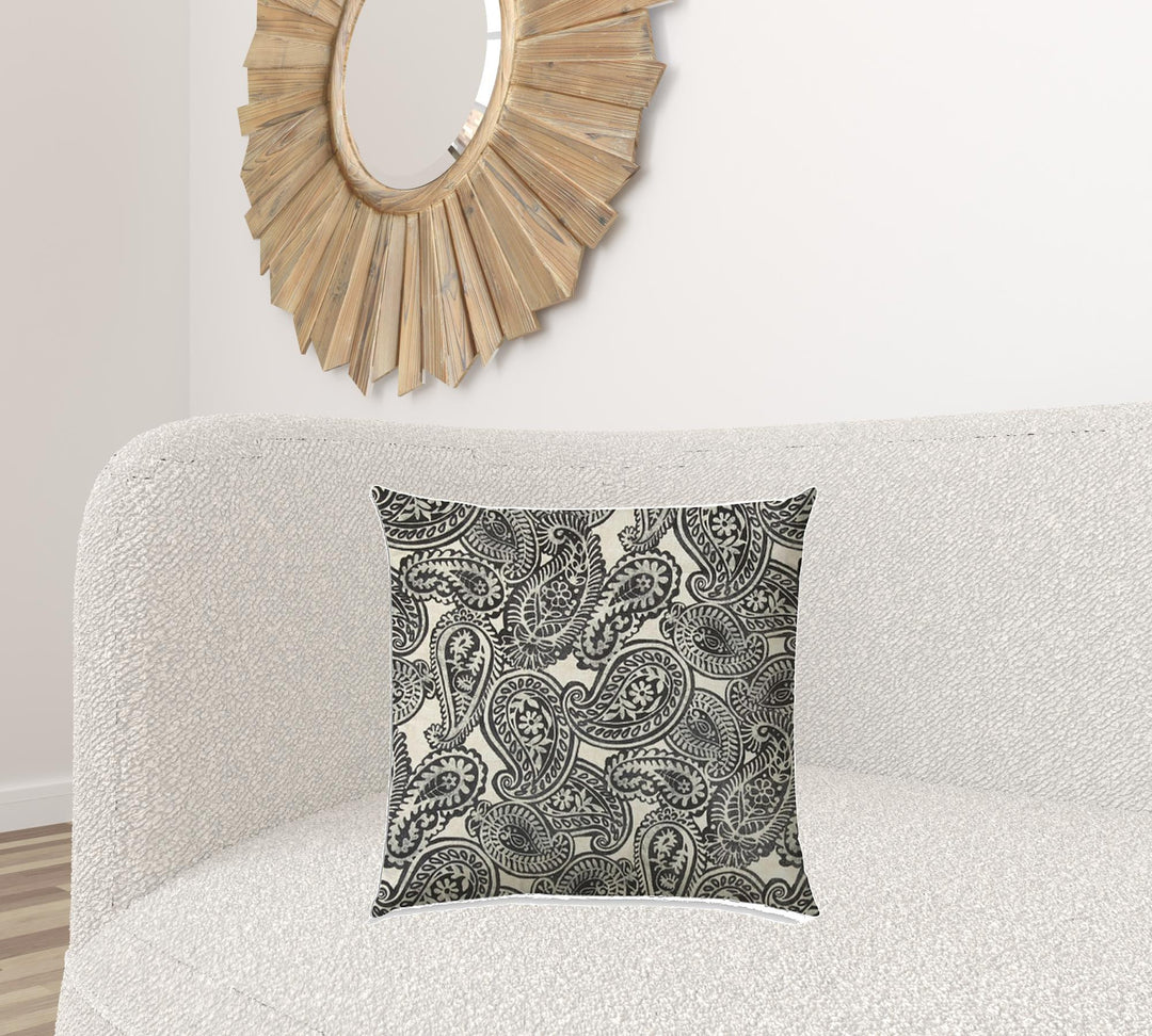 20" X 20" Gray And Cream Blown Seam Paisley Throw Indoor Outdoor Pillow