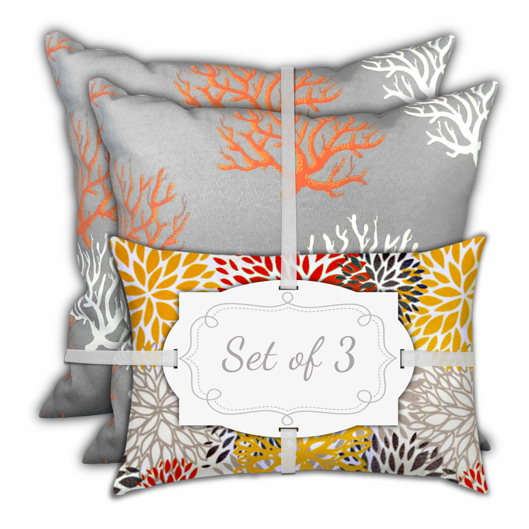 Set Of Three 18" X 18" Gray And White Corals Zippered Coastal Throw Indoor Outdoor Pillow