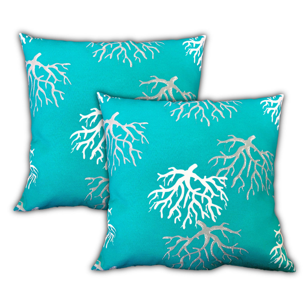 18" X 18" Ocean Blue And White Corals Zippered Coastal Throw Indoor Outdoor Pillow