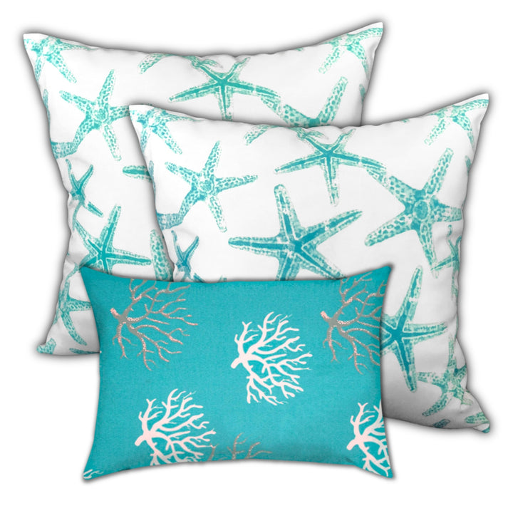 18" X 18" Ocean Blue And White Starfish Zippered Coastal Throw Indoor Outdoor Pillow