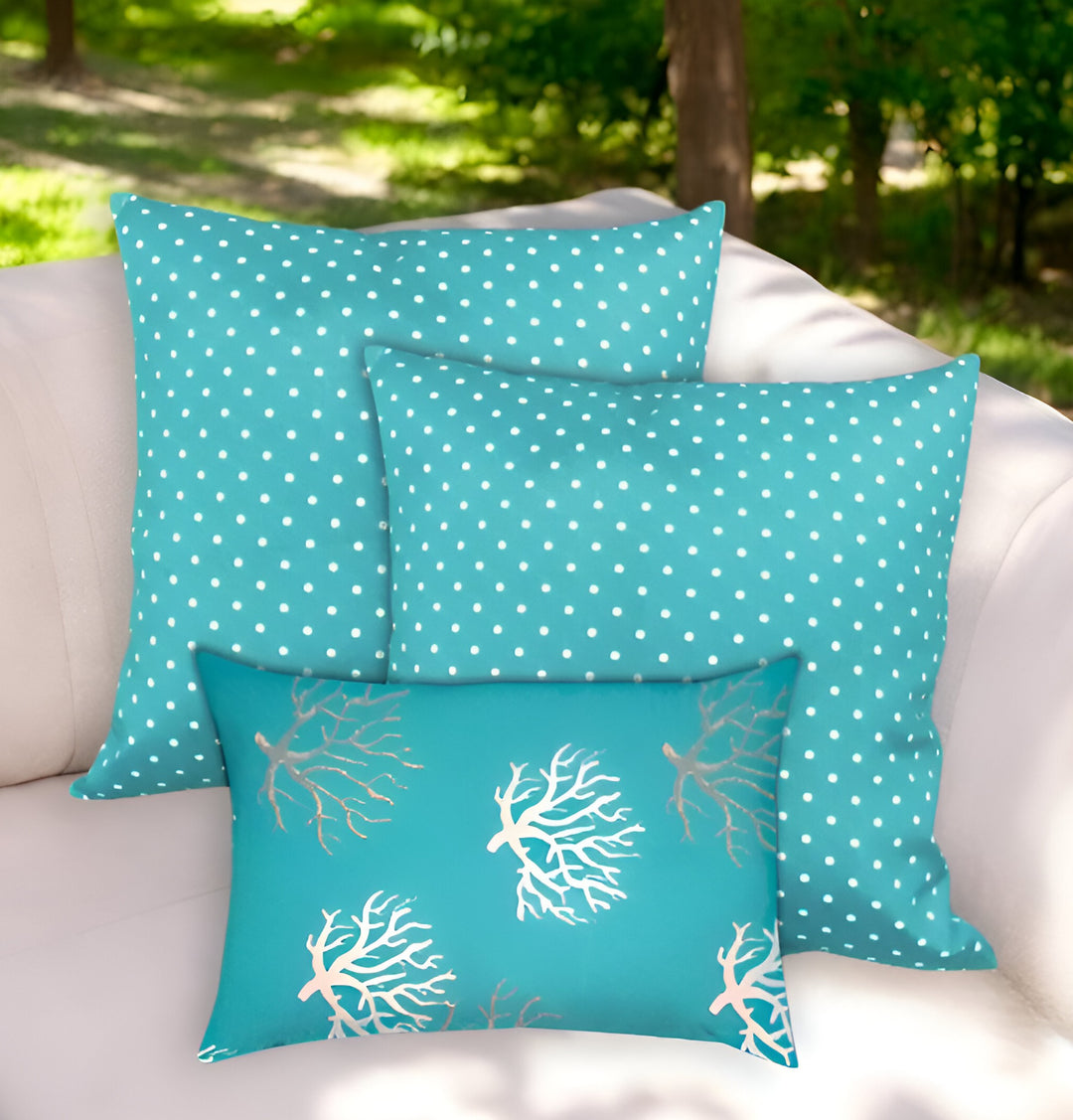 Set of Three Aqua and White Coral Polka Dot Indoor Outdoor Throw Pillow