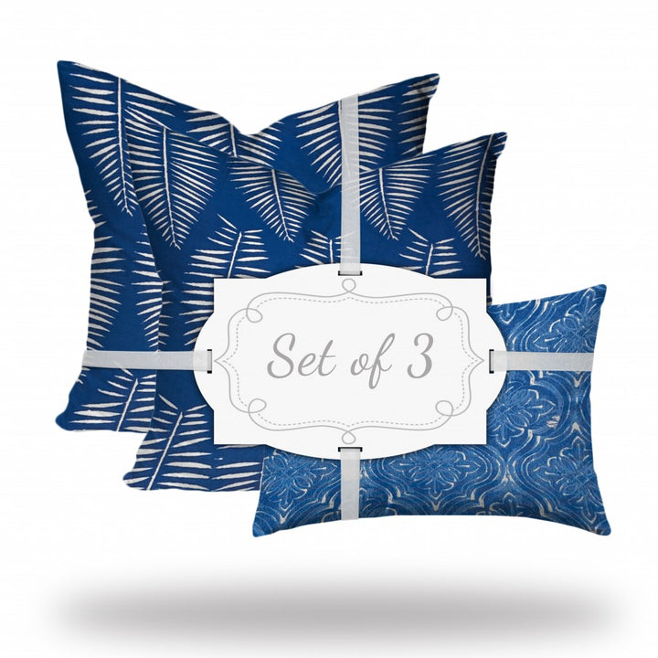 Set Of Three 20" X 20" Blue And White Blown Seam Coastal Throw Indoor Outdoor Pillow