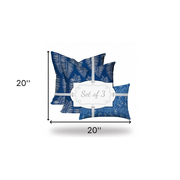 Set Of Three 20" X 20" Blue And White Blown Seam Coastal Throw Indoor Outdoor Pillow