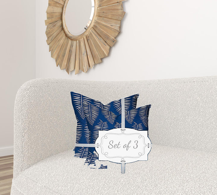 Set Of Three 20" X 20" Blue And White Blown Seam Coastal Throw Indoor Outdoor Pillow