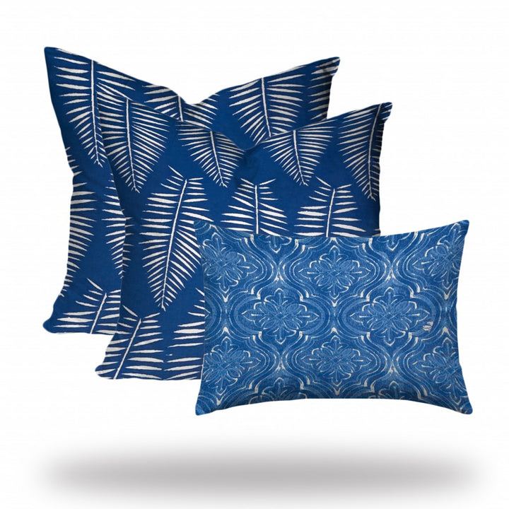 Set Of Three 20" X 20" Blue And White Enveloped Coastal Throw Indoor Outdoor Pillow