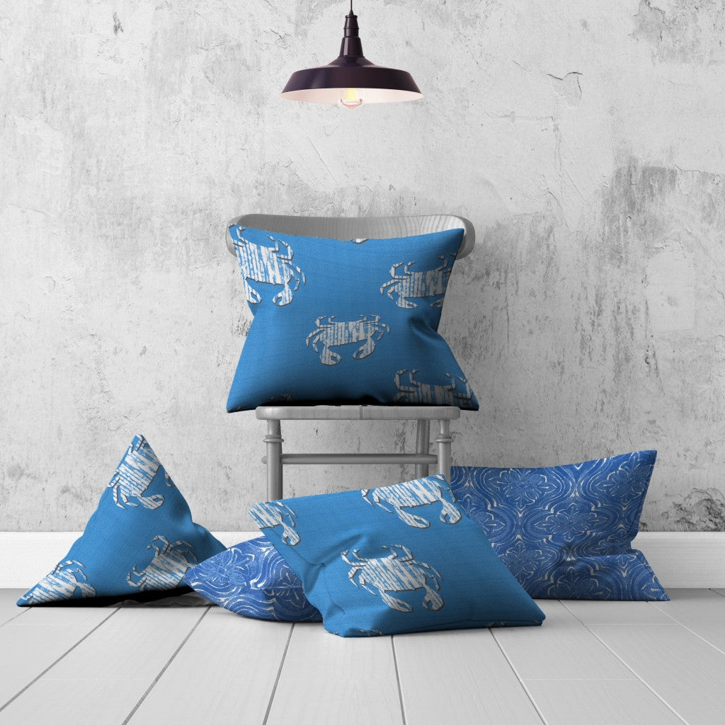 Set Of Three 20" X 20" Blue And White Crab Blown Seam Coastal Throw Indoor Outdoor Pillow