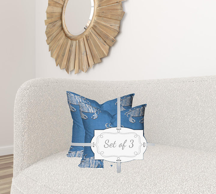 Set Of Three 20" X 20" Blue And White Crab Blown Seam Coastal Throw Indoor Outdoor Pillow