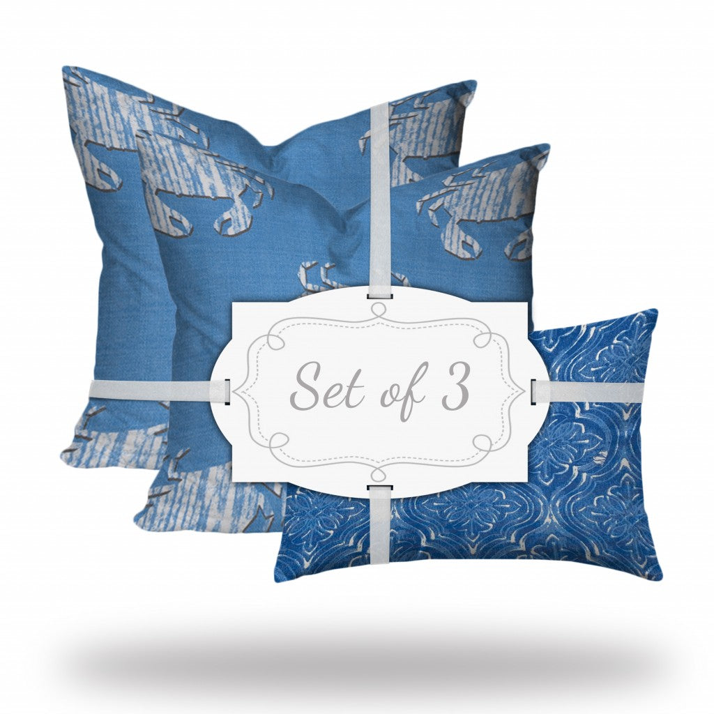 Set Of Three 20" X 20" Blue And White Crab Enveloped Coastal Throw Indoor Outdoor Pillow