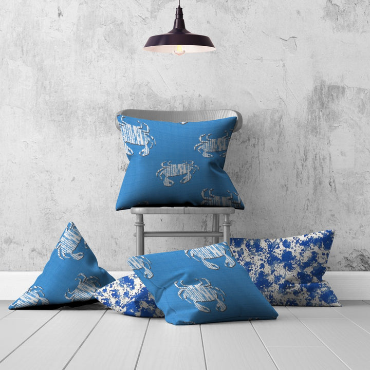 Set Of Three 20" X 20" Blue And White Crab Enveloped Coastal Throw Indoor Outdoor Pillow