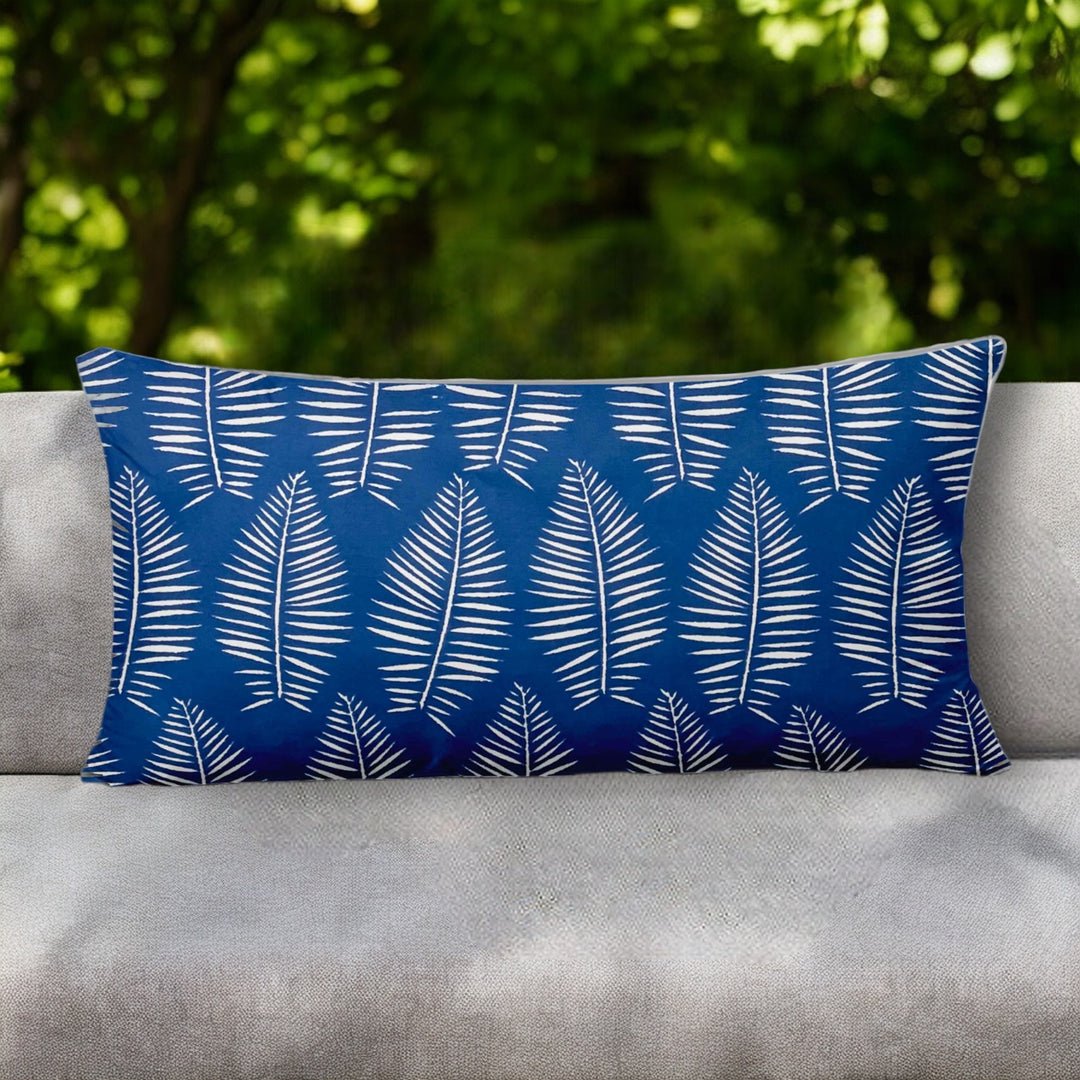 12" X 16" Blue And White Enveloped Tropical Lumbar Indoor Outdoor Pillow