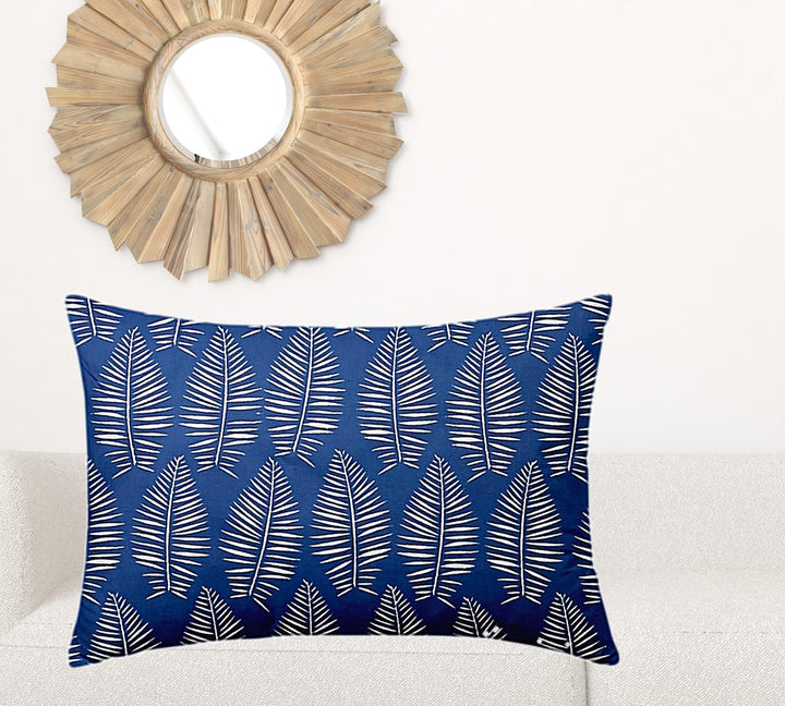 12" X 16" Blue And White Enveloped Tropical Lumbar Indoor Outdoor Pillow