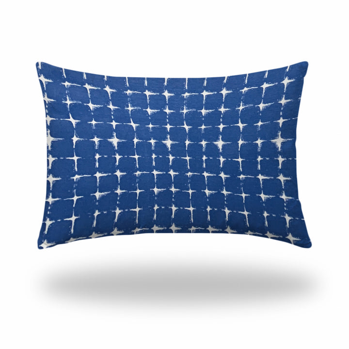 12" X 16" Blue And White Blown Seam Gingham Lumbar Indoor Outdoor Pillow