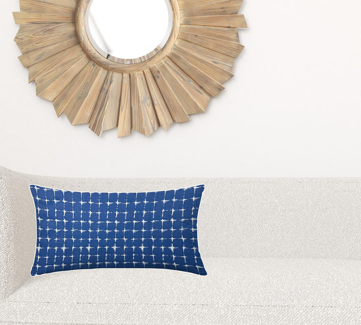 12" X 16" Blue And White Blown Seam Gingham Lumbar Indoor Outdoor Pillow