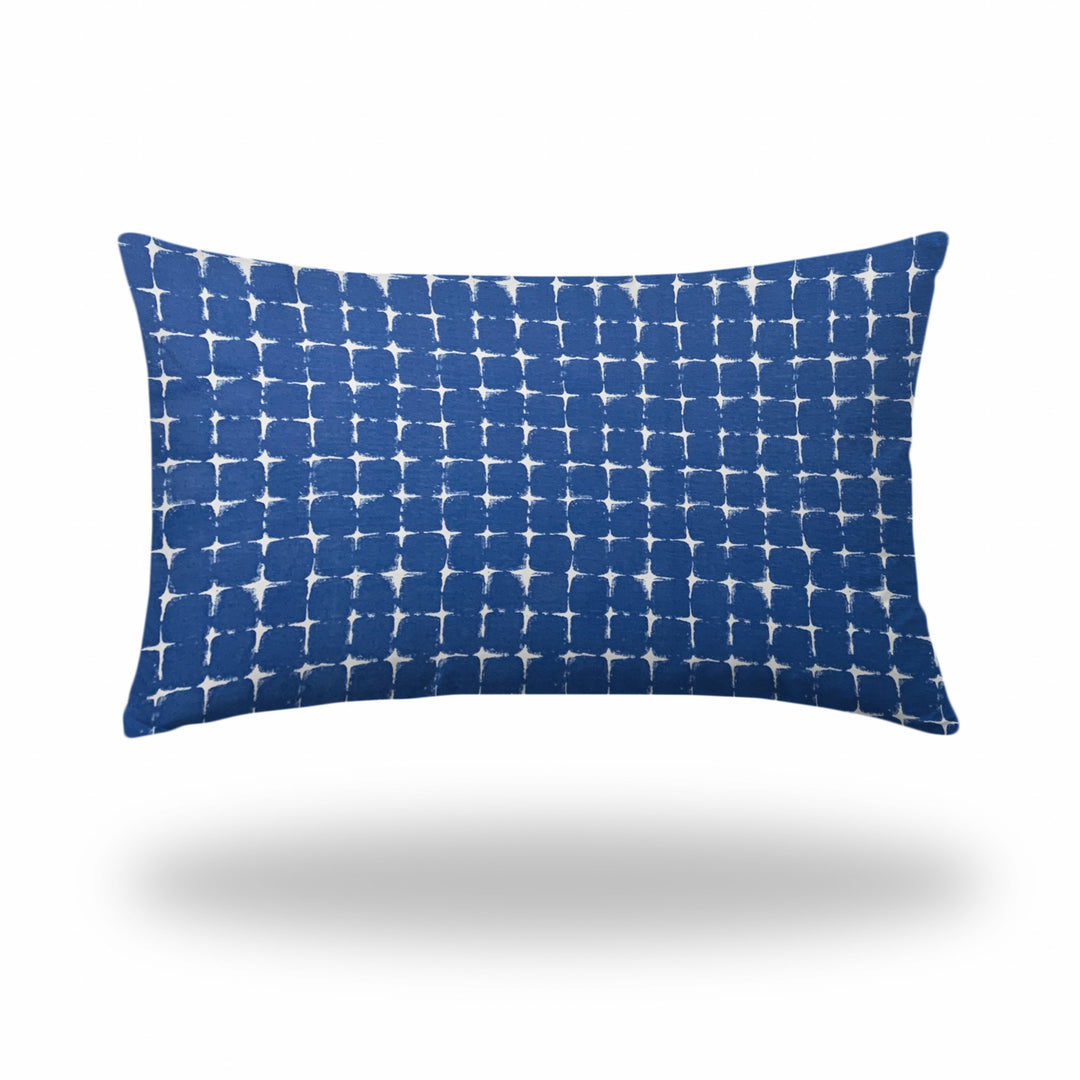 12" X 16" Blue And White Blown Seam Gingham Lumbar Indoor Outdoor Pillow