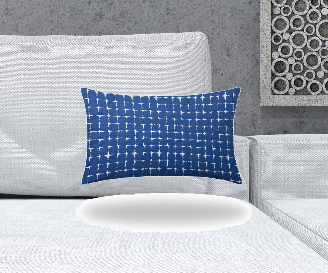 12" X 16" Blue And White Blown Seam Gingham Lumbar Indoor Outdoor Pillow