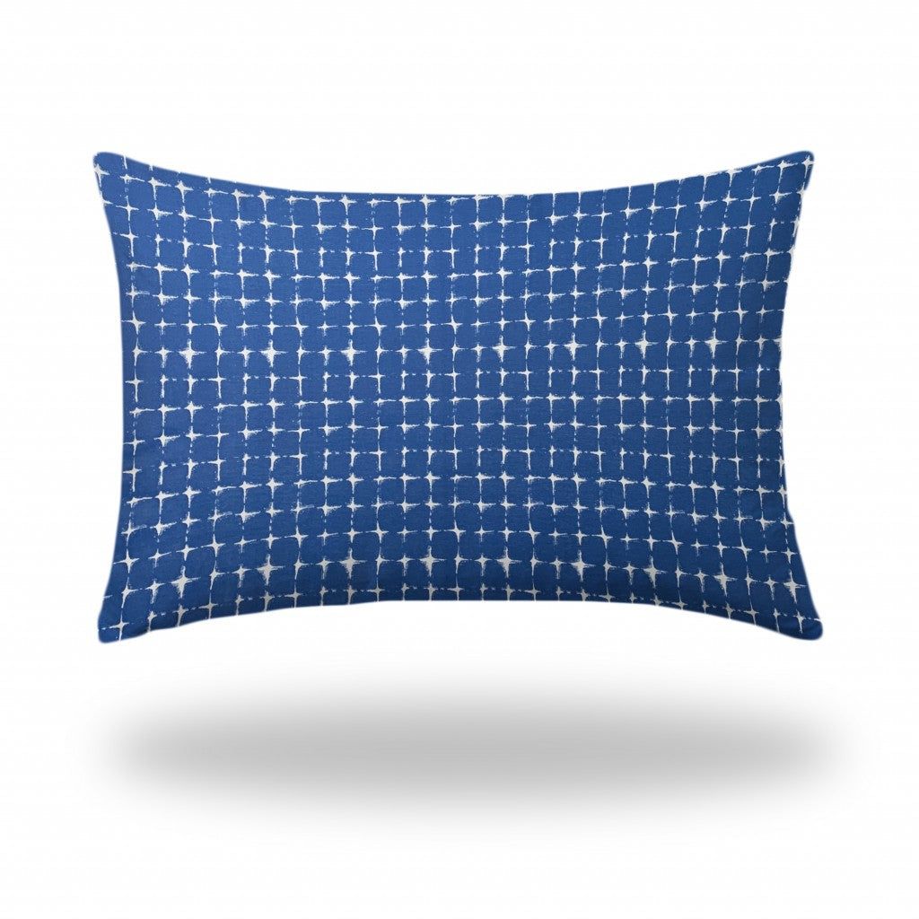 12" X 16" Blue And White Blown Seam Gingham Lumbar Indoor Outdoor Pillow